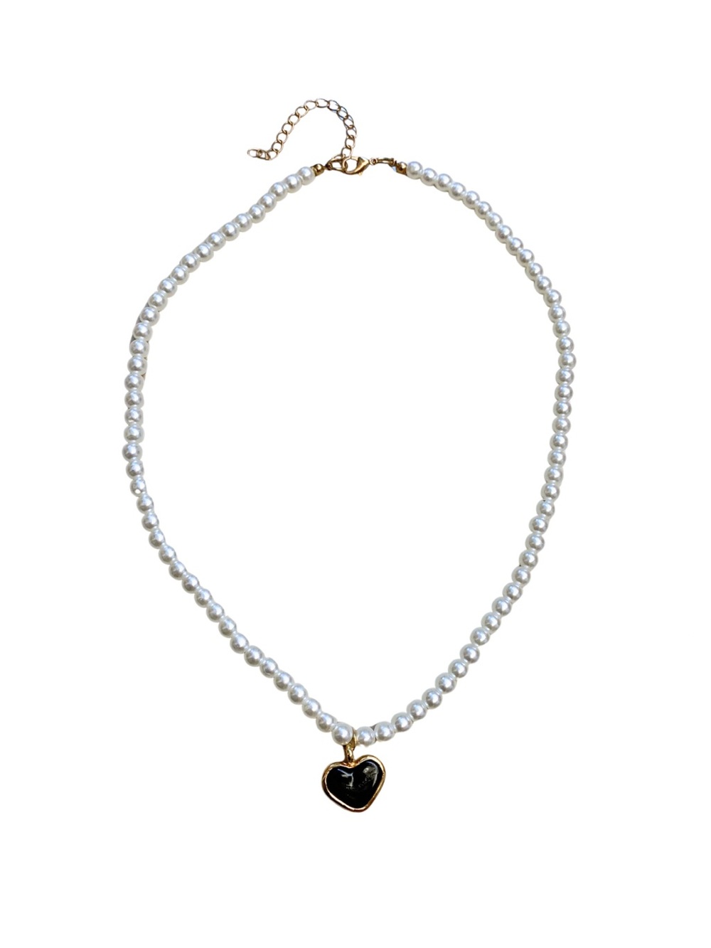 2/$30 Faux White Pearl Beaded Necklace Gold Black Heart Pendant Dainty Romantic